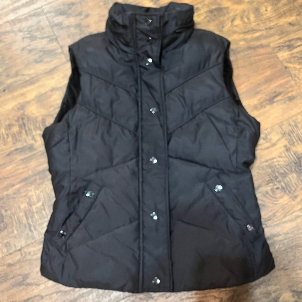 Esprit Y2K brown puffer vest pockets high neck, hidden hood, button/zip close, M
